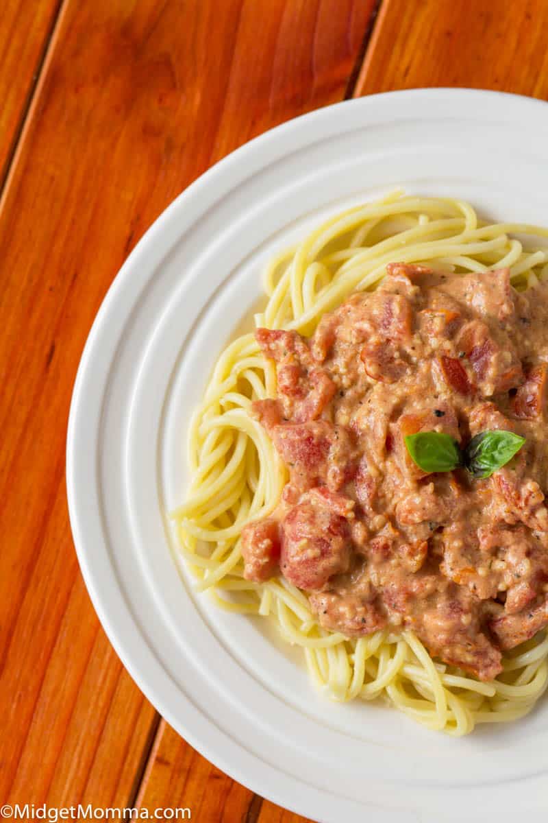 Sun Dried Tomato Sauce over pasta on a white plate