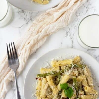 My family loves it when I make this Chicken Asparagus Alfredo Pasta. It is an easy pasta dish with ziti noodles, chicken and asparagus tossed in a creamy Alfredo Sauce!