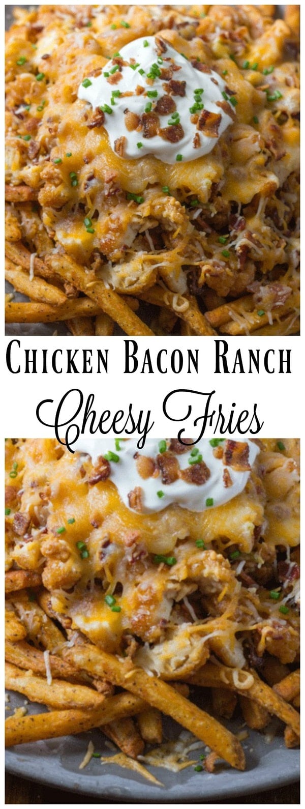 Chicken Bacon Ranch Cheesy Fries. These loaded fries are the perfect party appetizer or if you want to have one amazing dinner and wow your family then these chicken cheese fries are perfect! #Chicken #Bacon #Ranch #CheeseFries #LoadedFries #ChickenBaconFries #CheesyFries