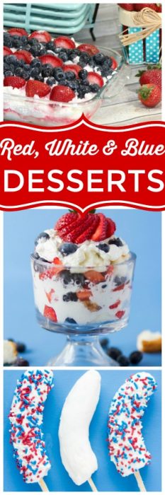 These Red, white and blue desserts are perfect 4th of july desserts. Many of these 4th of july desserts are no bake desserts. #4thofJuly #Desserts #RedWhiteAndBlue #RedWhiteAndBlueDesserts