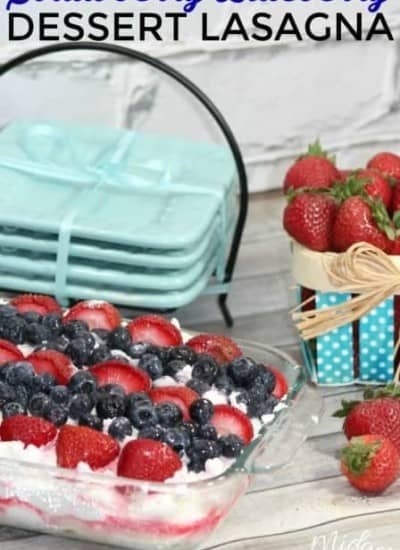 Strawberry Blueberry Dessert Lasagna is one of our favorite summer no bake desserts. This easy summer dessert is a refreshing treat that everyone will love. Also known as an Ice Box Cake, this easy to make dessert is perfect for BBQs, picnics, Memorial Day, 4th of July and more. Layers of tasty goodness, topped with fresh fruit this no bake dessert lasagna is always a hit. #Strawberry #Blueberry #Cake #Iceboxcake #Summer #NoBake #Dessert #4thofJuly #BBQ #Picnic