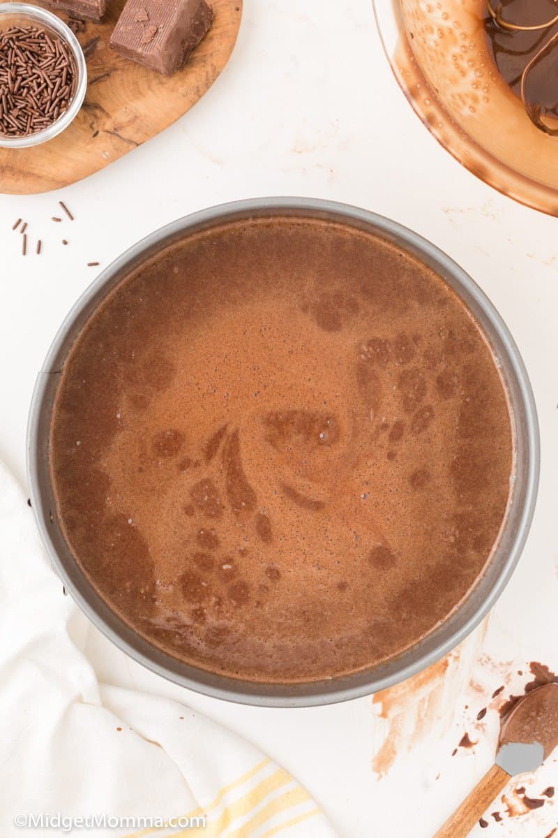 unbaked chocolate cake in a baking dish