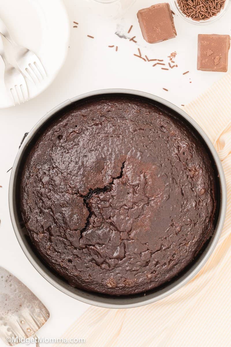 baked chocolate cake cooling in the cake pan