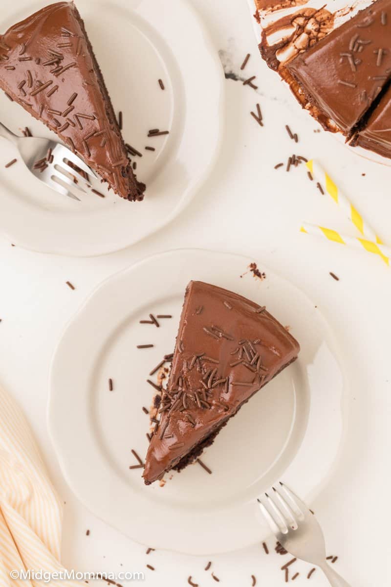 overhead shot of homemade chocolate cake recipe with chocolate frosting