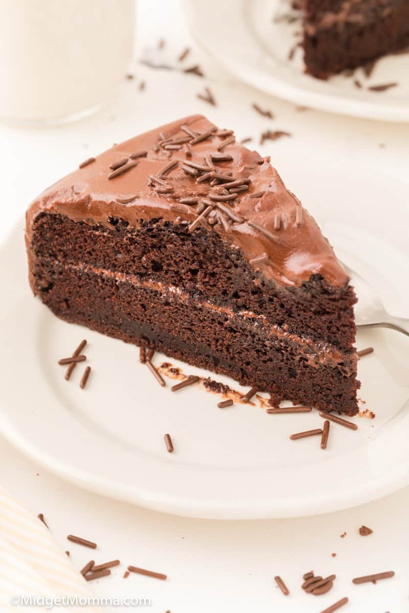 Slice of homemade chocolate cake recipe on a plaate