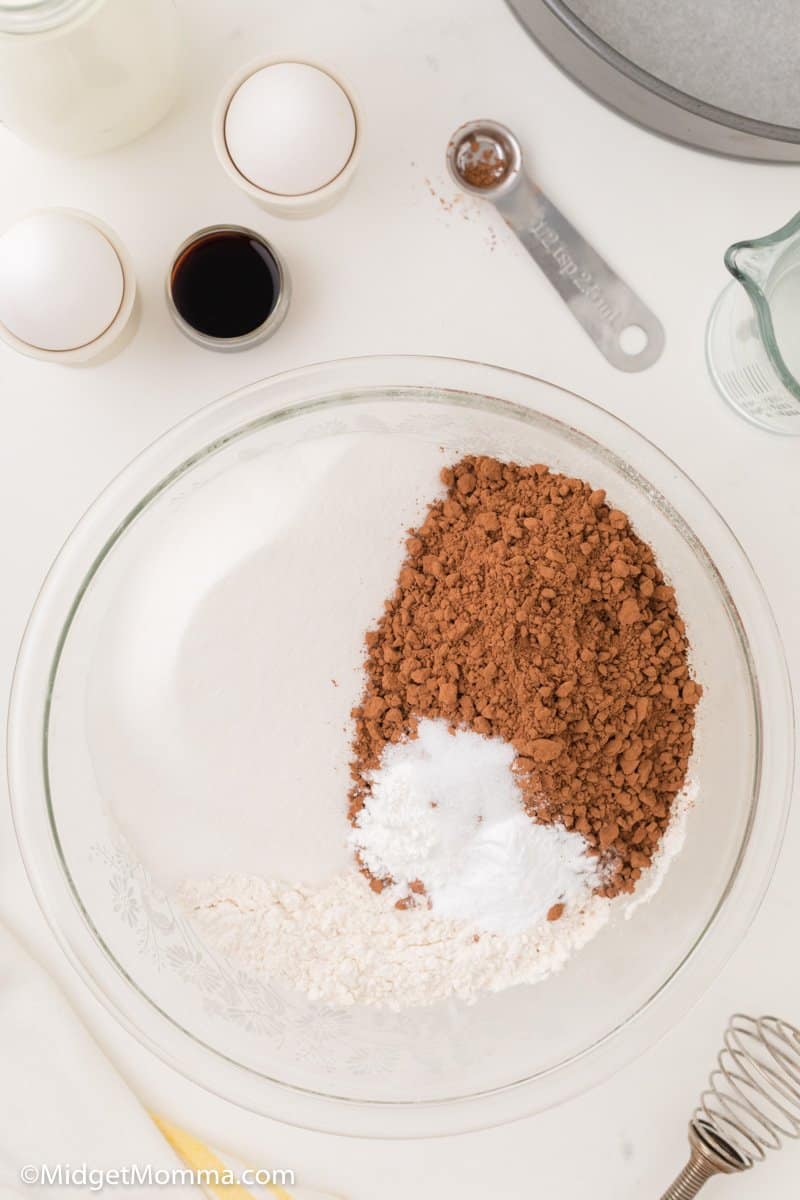 flour, sugar, cocoa, baking soda, baking powder, and salt in a bowl