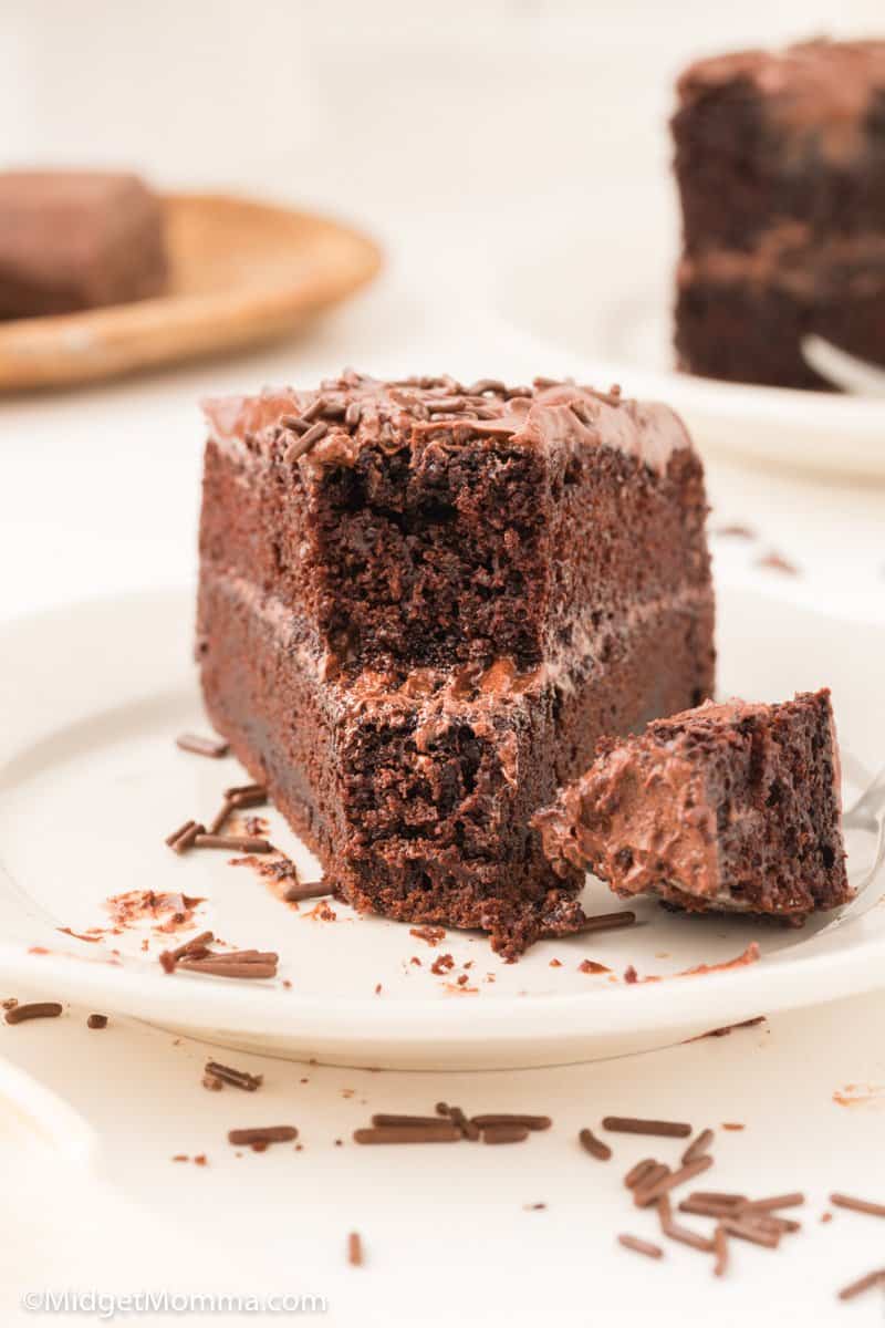 front of slice of homemade chocolate cake recipe