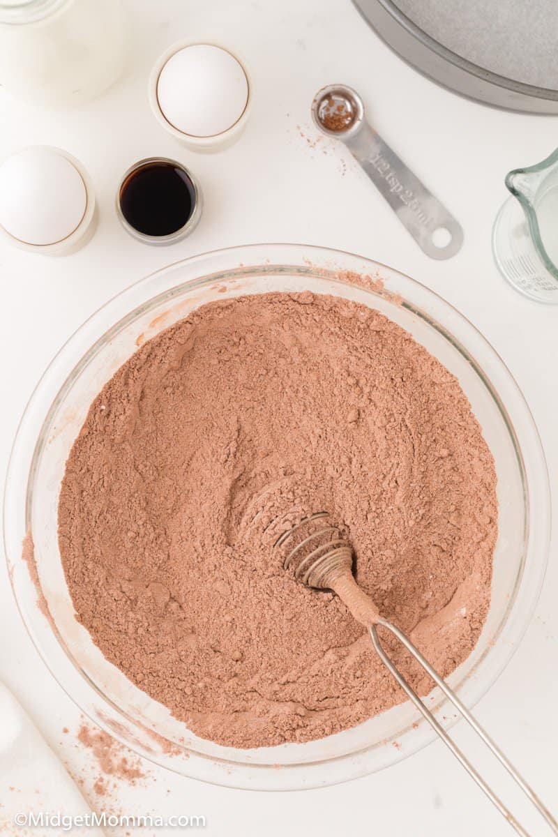 flour, sugar, cocoa, baking soda, baking powder, and salt in a bowl mixed together