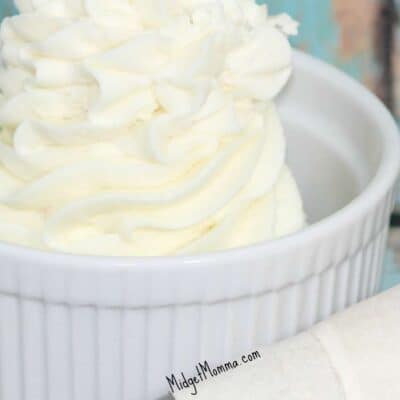 Homemade Whipped Frosting is a light take on the classic buttercream frosting. It has the flavor of whip cream but you are able to frost a cake with it.