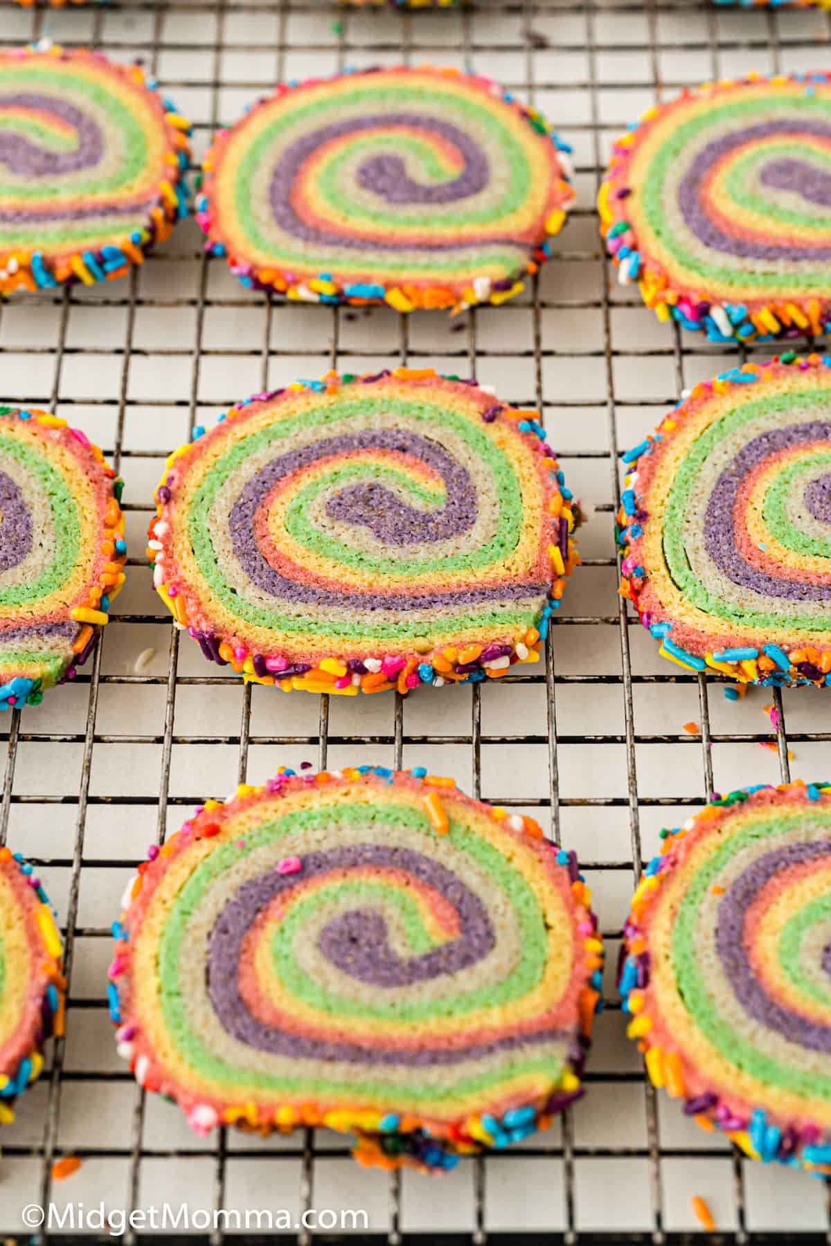 Rainbow Pinwheel Cookies on a tray