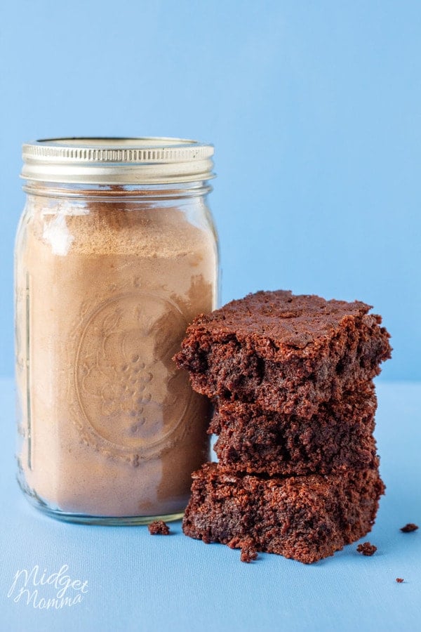easy brownie mix to make homemade brownies stored in a mason jar