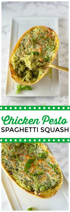 This Chicken Pesto Spaghetti Squash is an oven baked spaghetti squash recipe that is bursting with flavor. Chicken and Pesto combine for a flavorful spaghetti squash recipe that everyone will enjoy. #Chicken #SpaghettiSquash #Pesto #BakedSpaghettiSquash #Dinner #SpaghettiSquashRecipe #ChickenSpaghettiSquash
