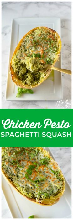 This Chicken Pesto Spaghetti Squash is an oven baked spaghetti squash recipe that is bursting with flavor. Chicken and Pesto combine for a flavorful spaghetti squash recipe that everyone will enjoy. #Chicken #SpaghettiSquash #Pesto #BakedSpaghettiSquash #Dinner #SpaghettiSquashRecipe #ChickenSpaghettiSquash