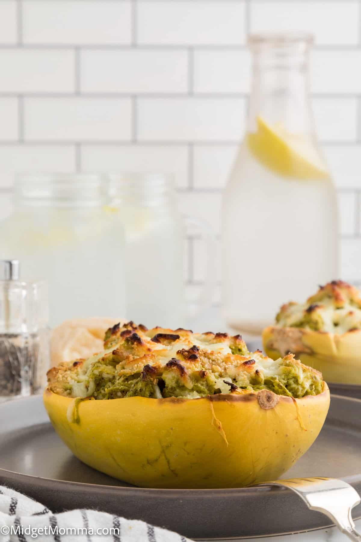 side view of Pesto Chicken Spaghetti Squash Bowls