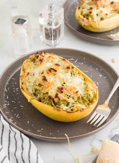 overhead photo of Pesto Chicken Spaghetti Squash