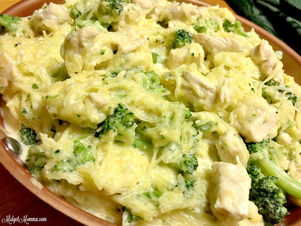 Spaghetti Squash Chicken and Broccoli Alfredo. Spaghetti Squash Alfredo, low carb alfredo dinner. Easy Spaghetti Squash Chicken and Broccoli Alfredo