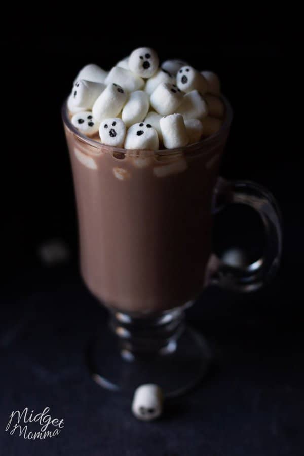 Marshmallow Ghosts in a glass of homemade hot chocolate