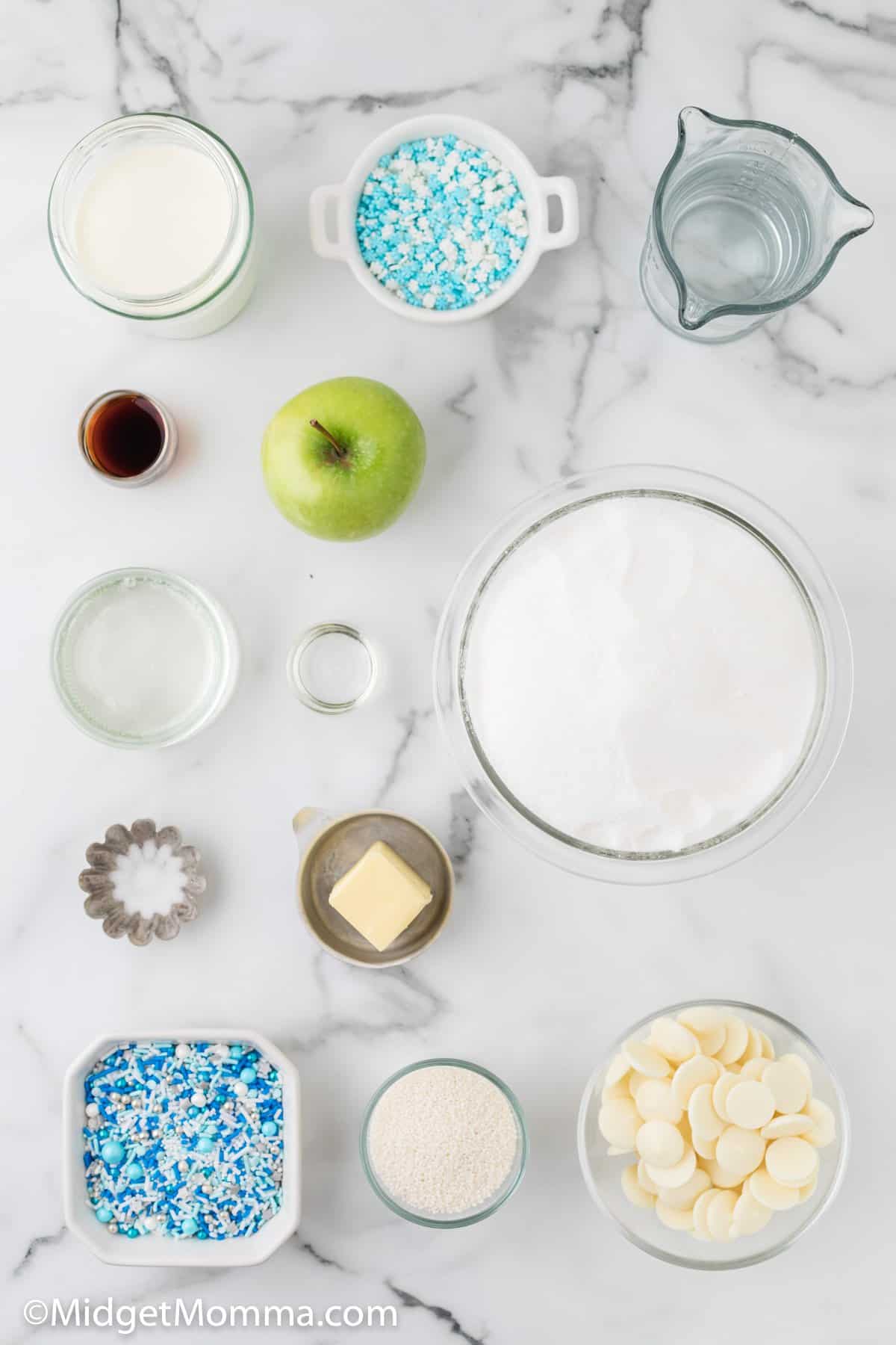 Frozen Themed White Chocolate Caramel Apples ingredients