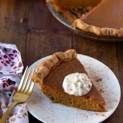 slice of maple pumpkin pie on a white plate
