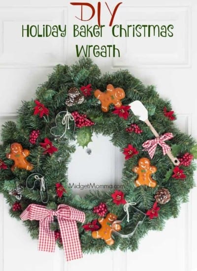 Holiday Baker Christmas Wreath made with a fake wreath and christmas ornaments