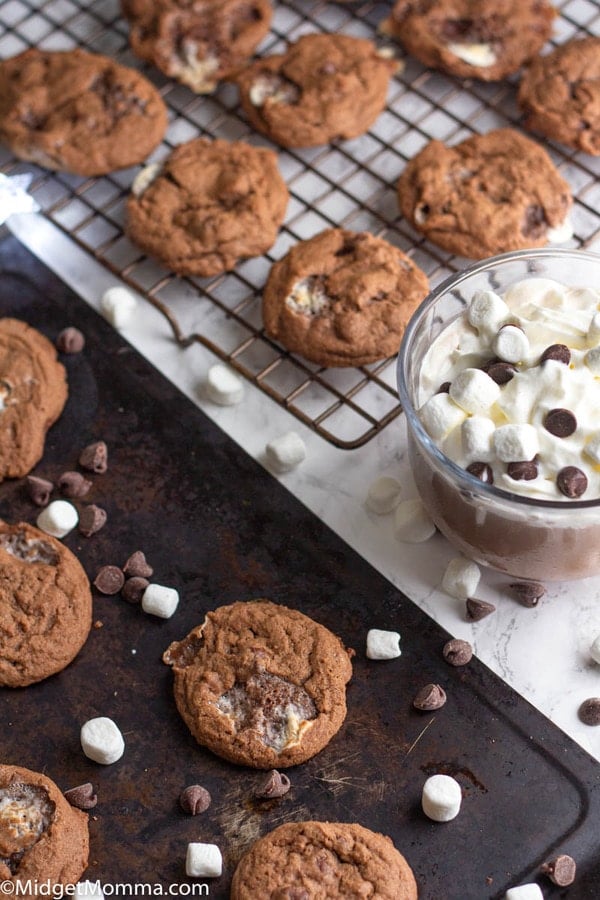 Hot cocoa cookies on a baking sheet