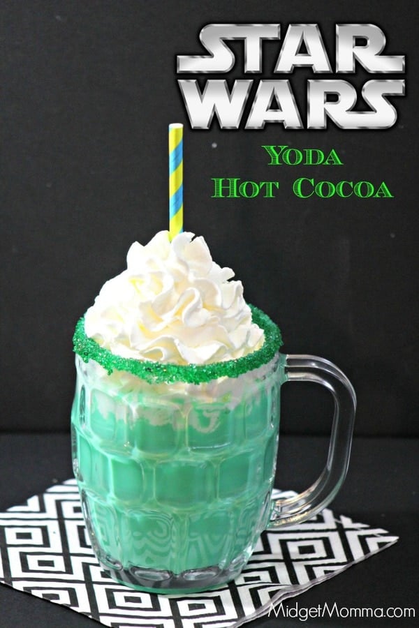 Star Wars Inspired Yoda Hot Chocolate. Amazing tasting white hot chocolate that is inspired by Yoda. Kids will love it and adults will too! Easy to make white hot chocolate with a secret to make it green! Star Wars drink, Star Wars food, Star Wars party drink, star wars hot chocolate, star wars character drink.