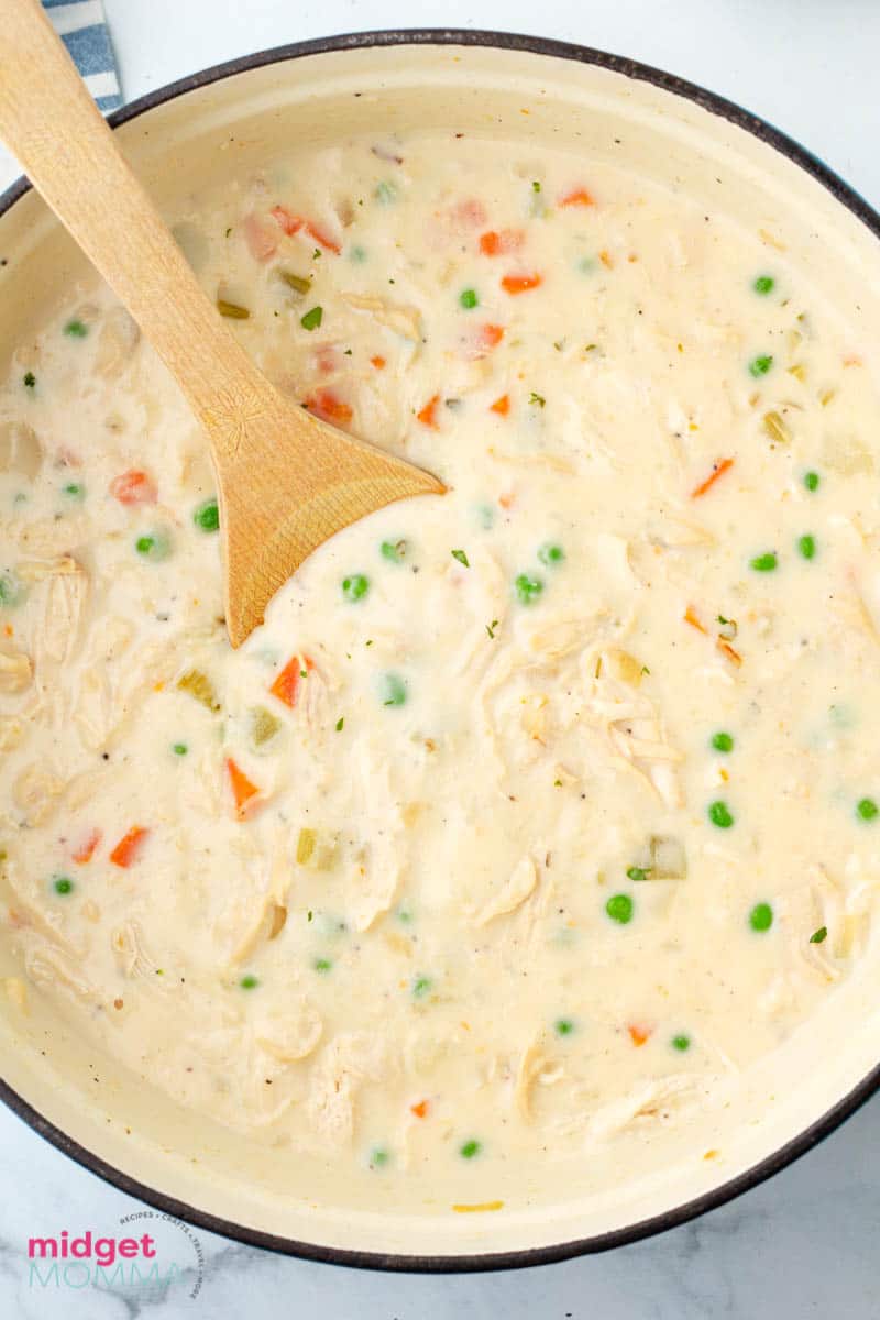 close  up shot of pot of Chicken Pot Pie Soup