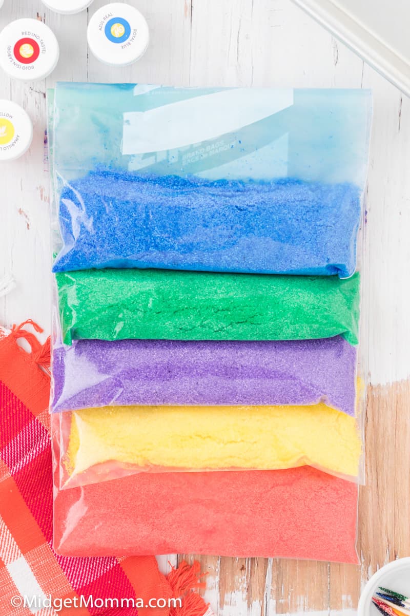 zip close bags with colored sugar