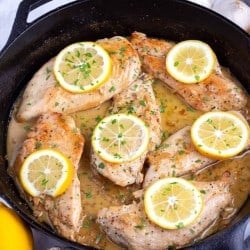 Lemon Garlic Chicken Recipe cooked in a black skillet on the counter