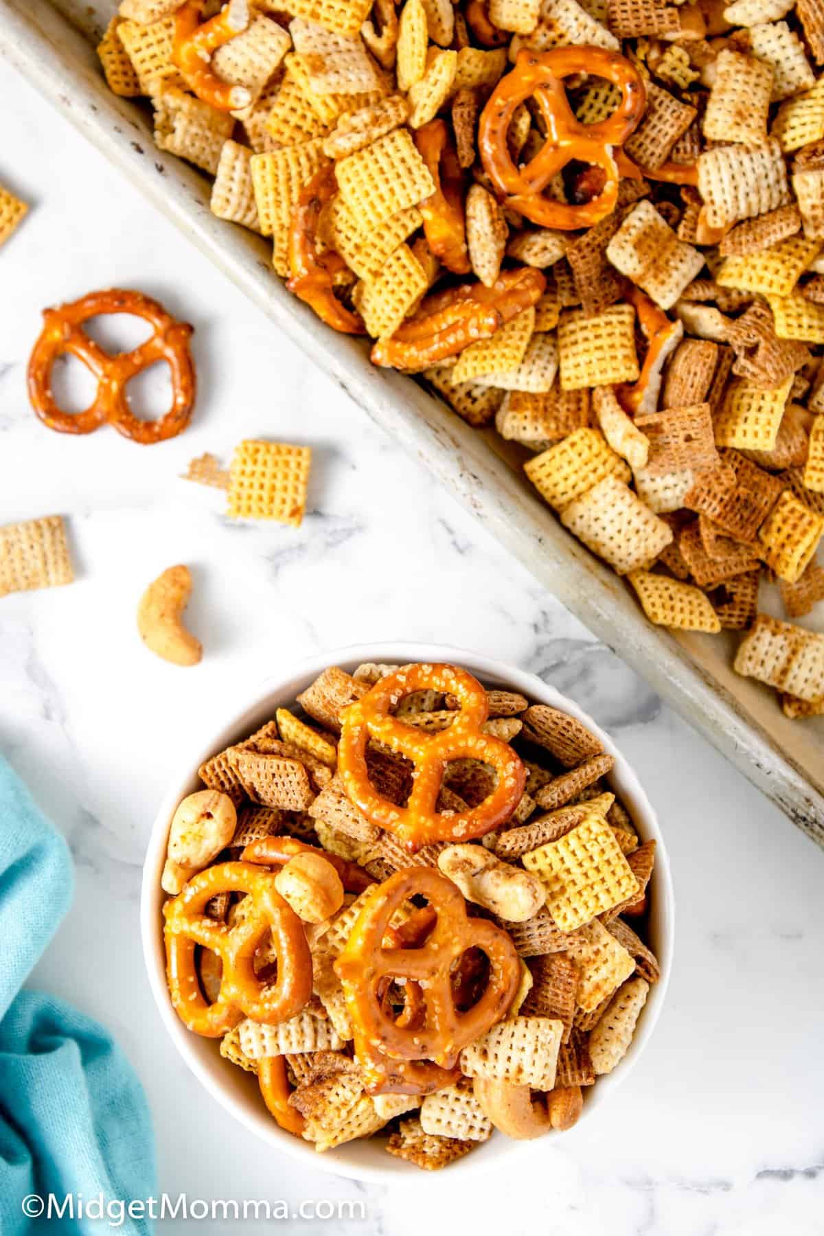 a bowl of slow cooker chex mix