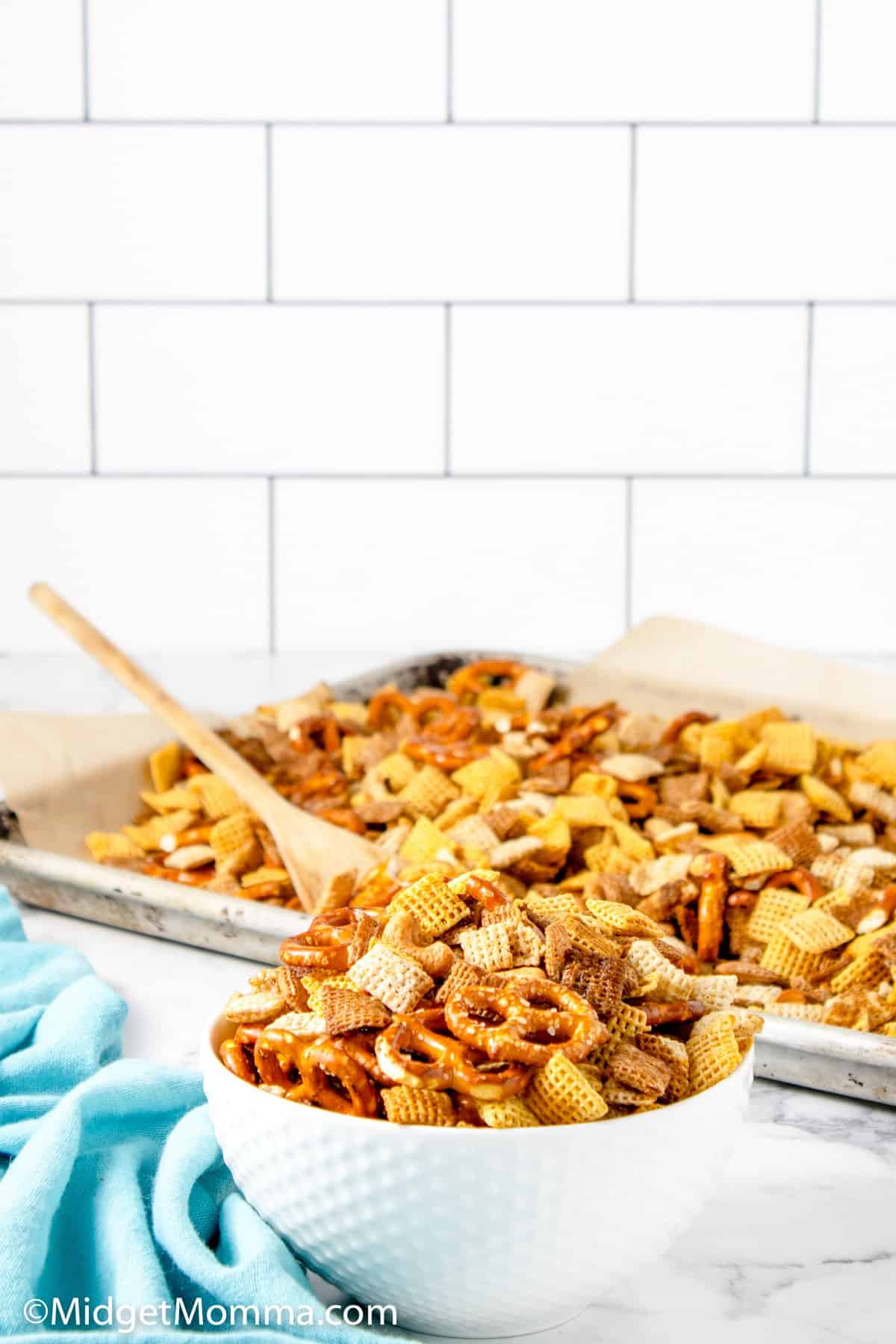 a bowl of slow cooker chex mix