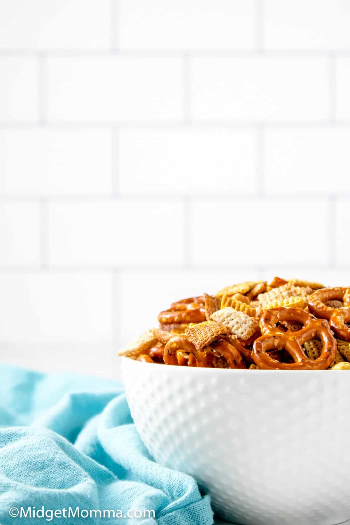 a bowl of slow cooker chex mix