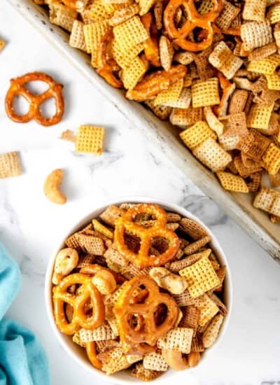 a bowl of slow cooker chex mix