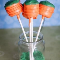 Carrot Marshmallow Pops. Super cute marshmallows turned in to carrots with dipping chocolate. Great tasty easter treat!