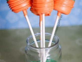 Carrot Marshmallow Pops. Super cute marshmallows turned in to carrots with dipping chocolate. Great tasty easter treat!