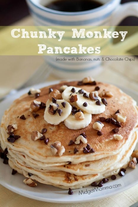 Chunky Monkey Pancakes . Homemade pancake recipe with chocolate chips, nuts and bananas. Chunky Monkey Pancakes make a great breakfast.