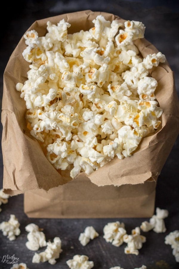 microwave popped popcorn in a brown paper bag