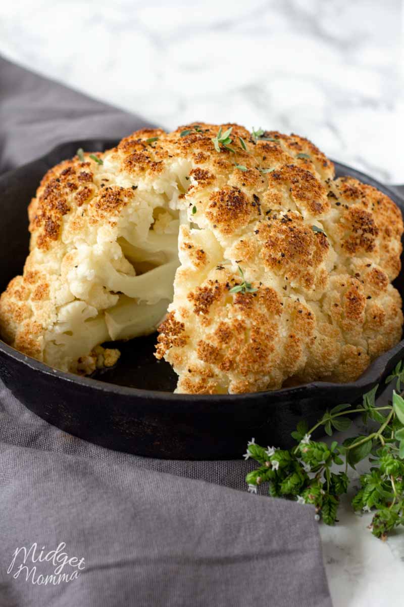 Whole Roasted Cauliflower seasoned with salt, pepper and garlic