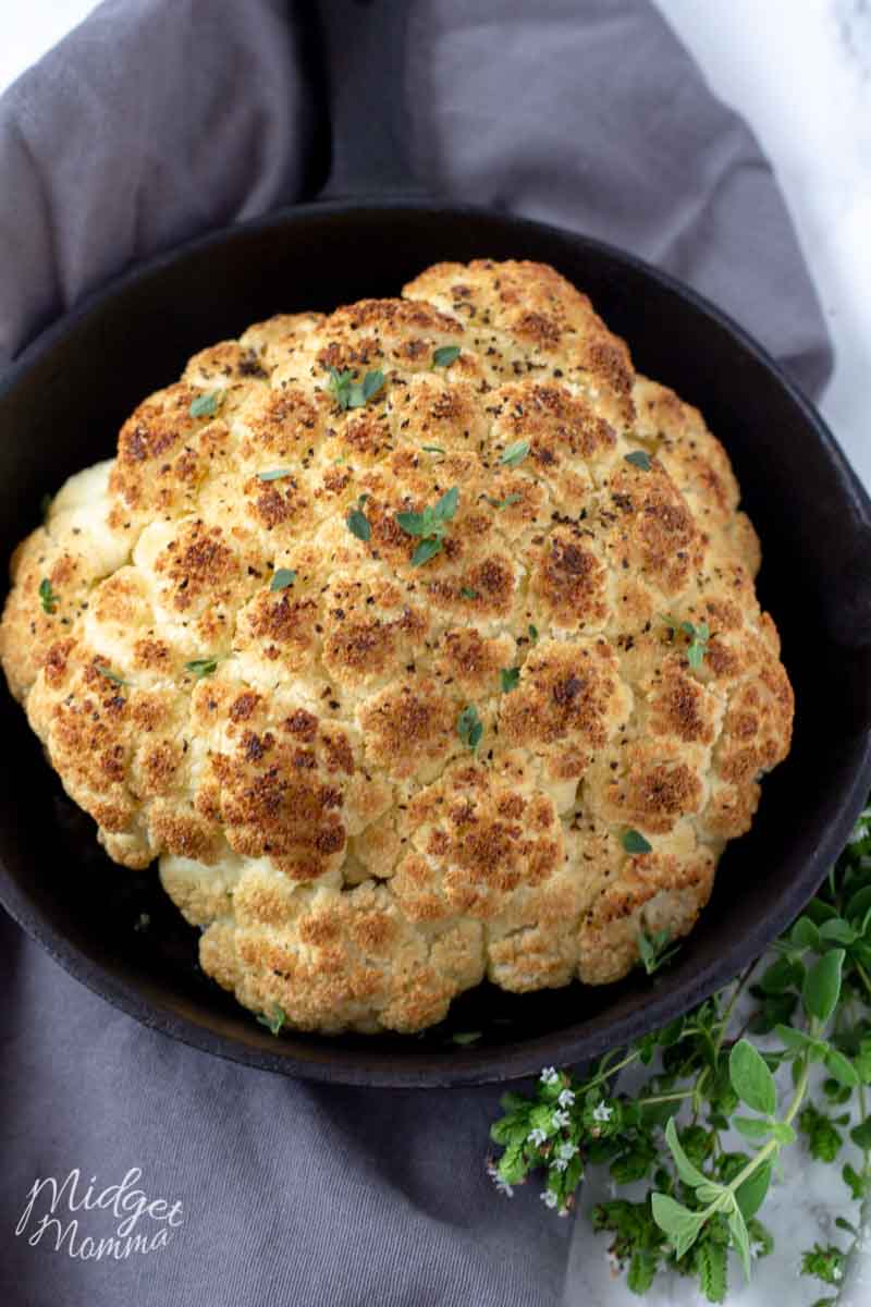 Above photo of a Whole Roasted Cauliflower right out of the oven