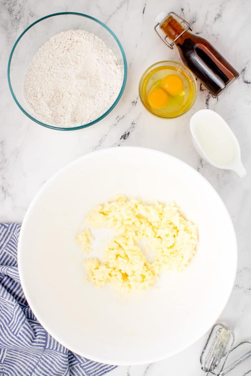 butter and sugar creamed together in a bowl