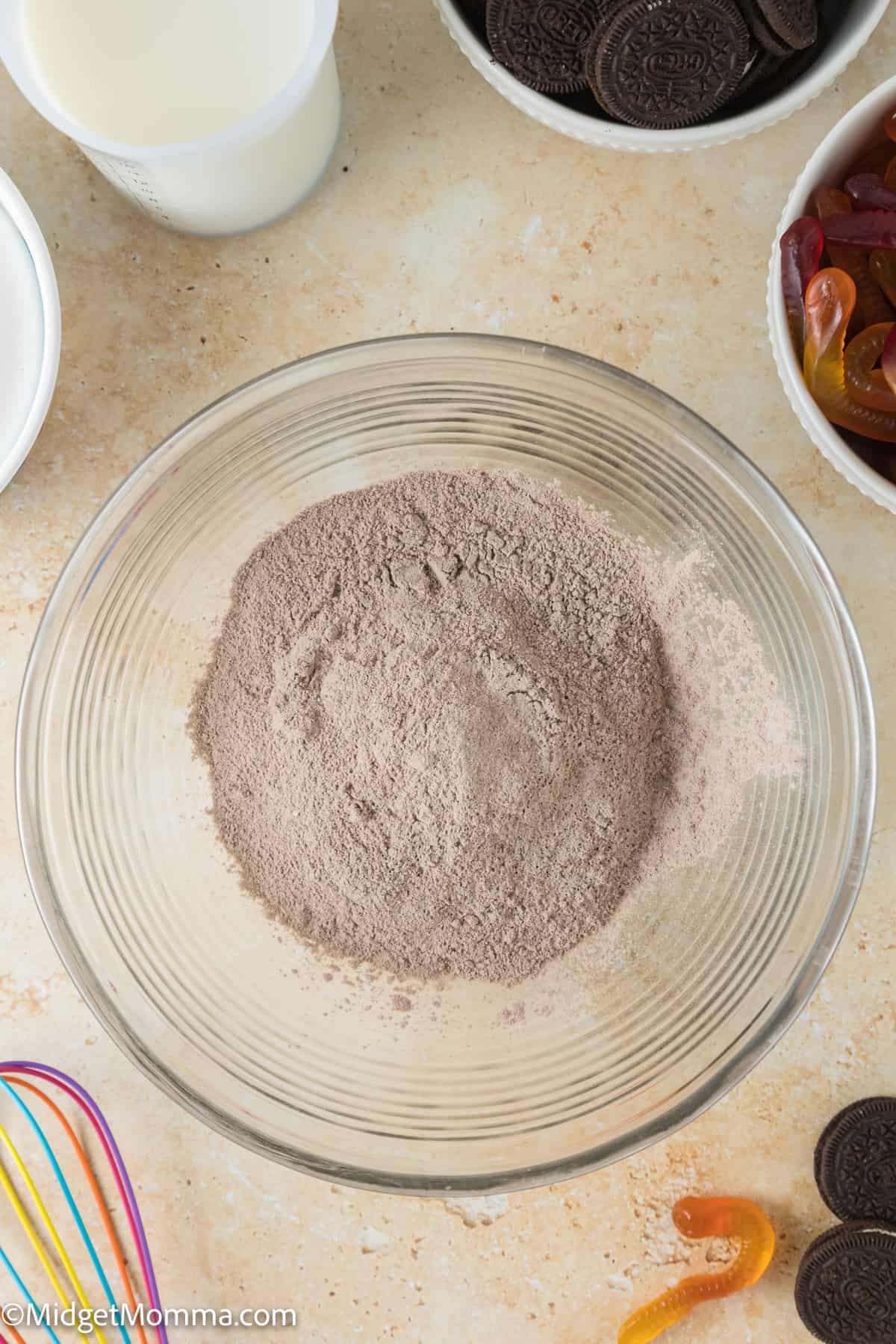 chocolate pudding mix in a large mixing bowl 