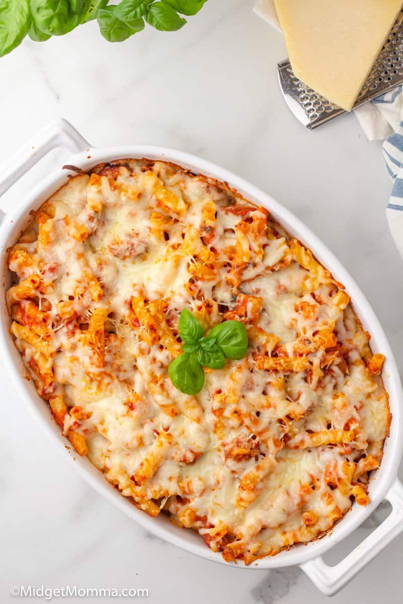 Sausage baked ziti in a casserole dish