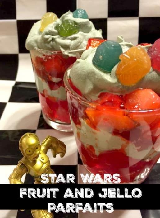 Star Wars fruit and Jello Parfaits. Easy to make plus use homemade whipped cream so you can color it to the color you want to match.