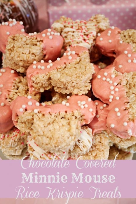 Minnie Mouse Rice Krispie treats are easy to make, dip the tops of the Minnie Mouse Rice Krispie in chocolate to make them look like minnie mouse.