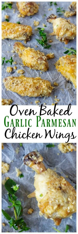 These easy Garlic Parmesan Chicken Wings are perfect to serve as an appetizer or a the main part of a meal. Oven baked chicken wings with a simple trick to make them perfect. These Garlic Parm chicken wings are done in about 30 minutes, so perfect for a quick and easy dinner or appetizer! #Chicken #ChickenWings #Garlic #Parmesan #BakedWings