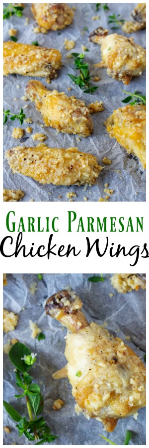These easy Garlic Parmesan Chicken Wings are perfect to serve as an appetizer or a the main part of a meal. Oven baked chicken wings with a simple trick to make them perfect. These Garlic Parm chicken wings are done in about 30 minutes, so perfect for a quick and easy dinner or appetizer! #Chicken #ChickenWings #Garlic #Parmesan #BakedWings