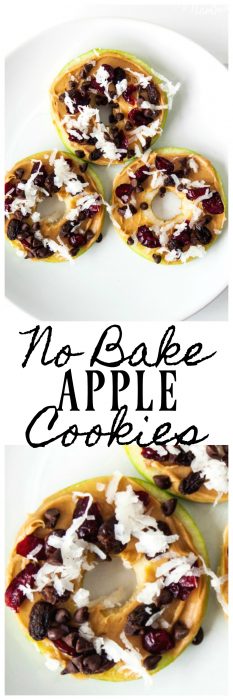 These No Bake Apple Cookies are a healthy snack that the kids will love. These Apple Slice cookies make for a great snack for after school, summer time and in the kids lunch boxes! #Apples #AppleSnack #SnackRecipe #PeanutbutterApples #PeanutButterAppleCookie