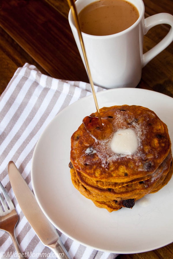 Perfect Fluffy Pumpkin Chocolate Chip Pancakes • MidgetMomma