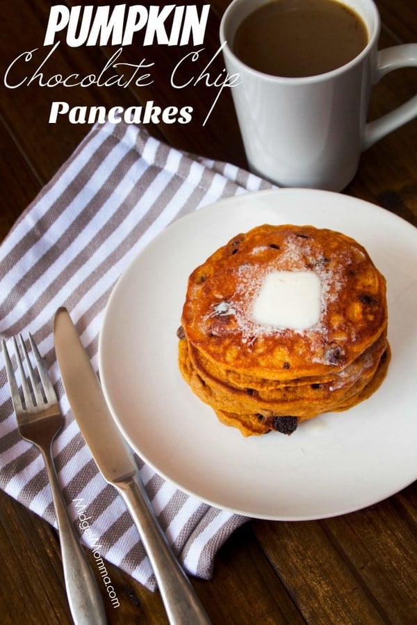 Pumpkin Chocolate Chip Pancakes on a plate with a cup of coffee