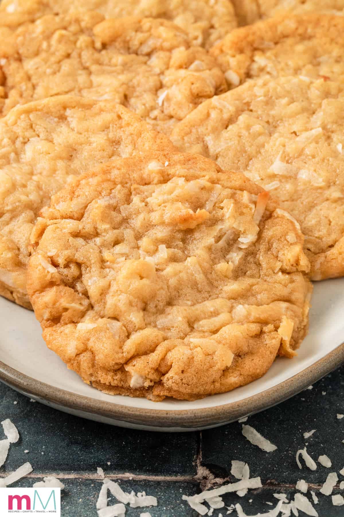 close up photo of Chewy Coconut Cookies on a platter